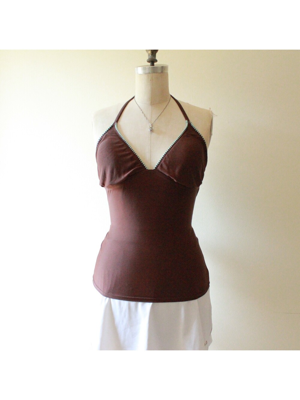 Y2K Apt. 9 Brown Halter Tankini Top Contrast Trim Size 12